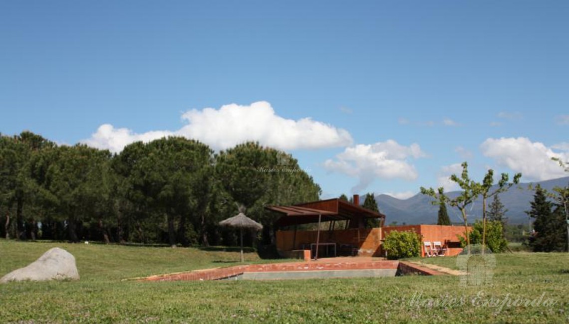 Detalle de la piscina con porche y zona d barbacoa 