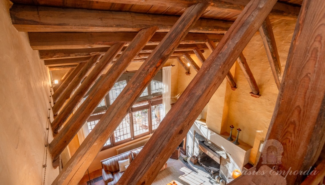 Vistas del salón y de la estructura de madera de soporte de la cubierta 